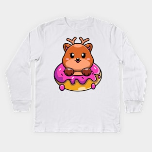 Cute baby deer with doughnut cartoon Kids Long Sleeve T-Shirt